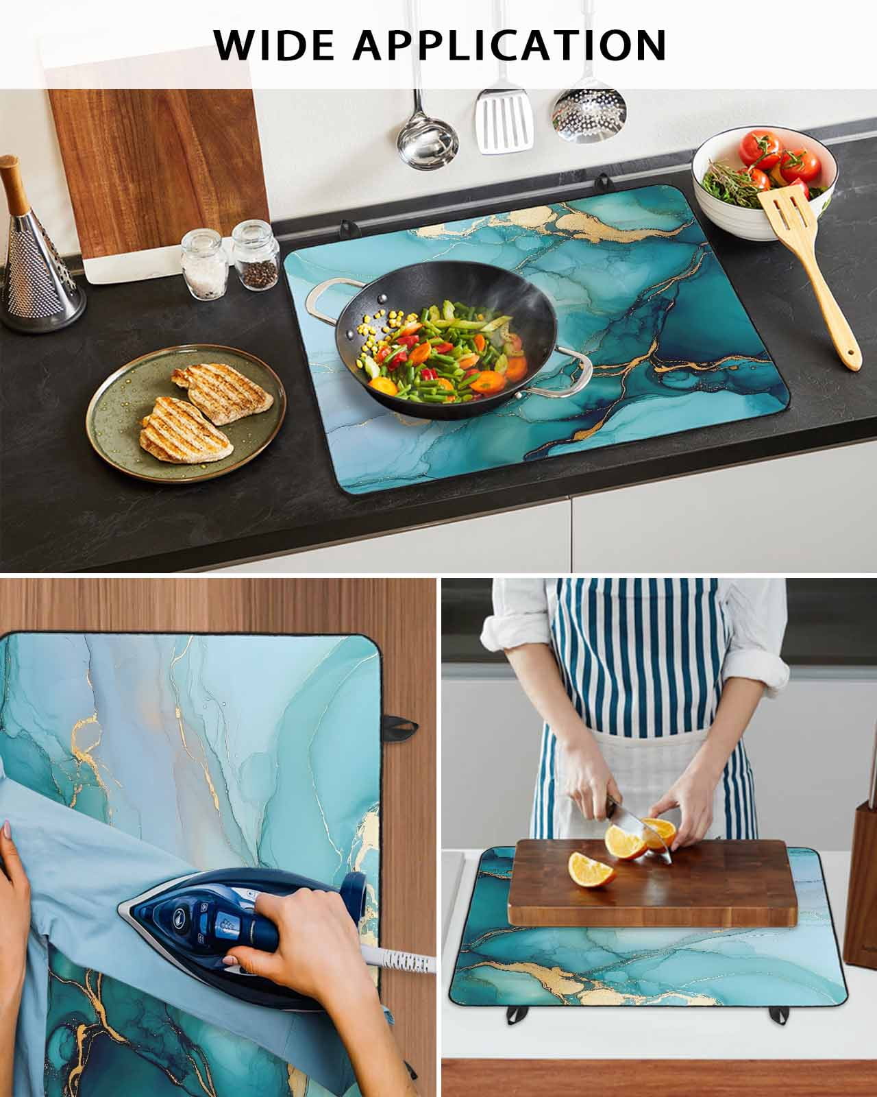 nqOlkjepod Large Induction Cooktop Protector Mat 36"x21", Turquoise Gold Marble Stove Top Covers for Electric Stove, Abstract Simple Geometric Stove Burner Cover Mats, Glass Top Stove Cover