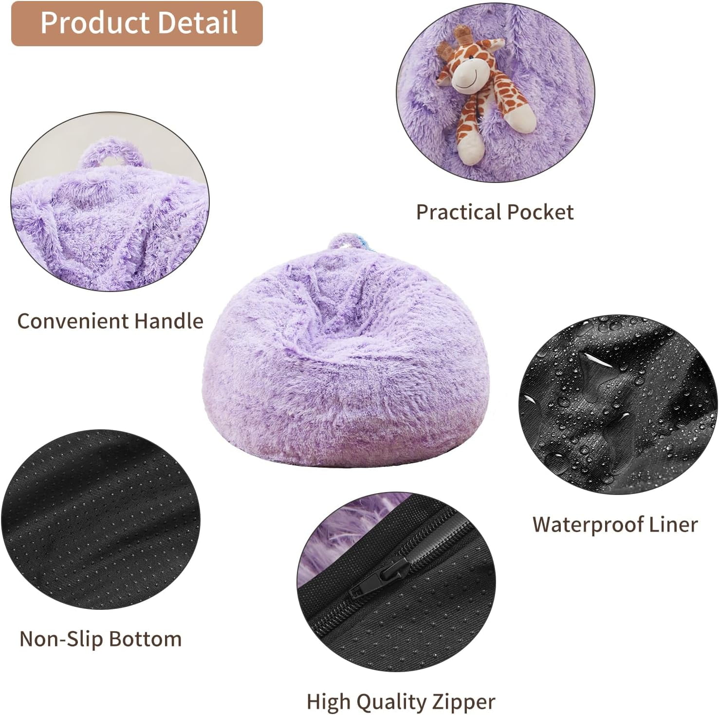 Huge Bean Bag Covers Only, Fluffy Stuffed Beanbag Chair Covers No Filler, Washable Bean Bags Cover for Adults, Stuffed Animal Bean Bag Anti-Slip, 6FT, Purple