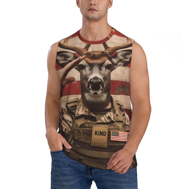 Fotbe Patriotic Deer Soldier Salute Men's Camiseta sin Mangas Estampada para Hombres, Playera Casual para Gimnasio, Entrenamiento, Playa-Small
