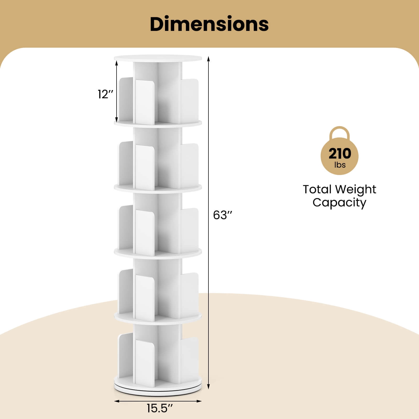 Costway 2 PCS 5-Tier Rotating Bookshelf 360° Display Rack Dividers & Anti-falling Baffles White