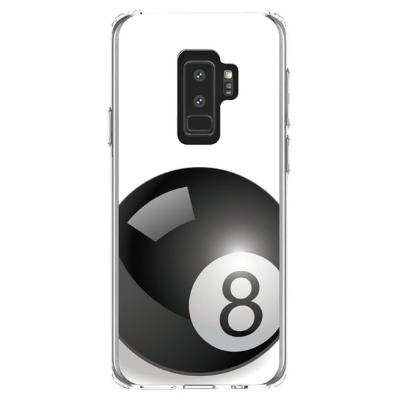 DistinctInk Clear Shockproof Hybrid Case for Samsung Galaxy S9  PLUS (6.2" Screen) - TPU Bumper, Acrylic Back, Tempered Glass Screen Protector - Black Eight Ball 8