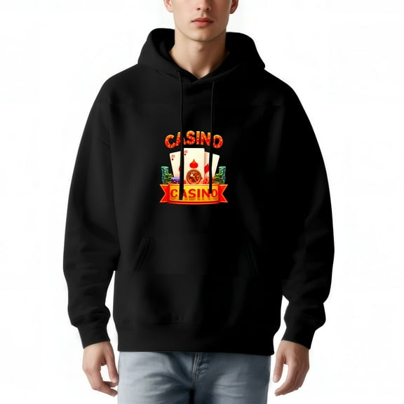 Men's Long Sleeve Hoodie Pullover Sweatshirt with Front Pocket Casino-Themed Graphic: Playing Cards & Bold ' CASINO ' Design
