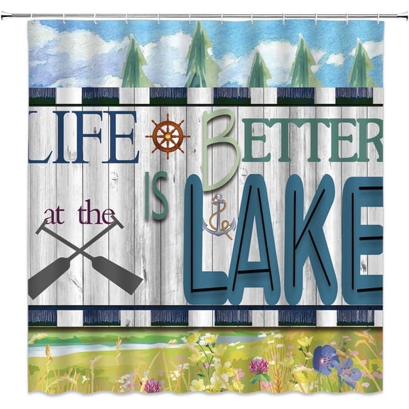 Lake Rules of Cabin Shower Curtain Vintage Wooden Lake Rules Rustic Lodge Funny Inspirational Quotes Plank Camping Retro Farmhouse Bathroom Decor Fabric Curtain with Hooks