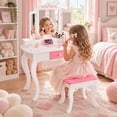 thumbnail image 2 of SESSLIFE Vanity Sets for Girls, Vanity Play Set with Drawers, Dressing Table Dresser Wooden Toy Makeup Vanity Table & Stool with 3 Foldable Mirror, White, 2 of 7