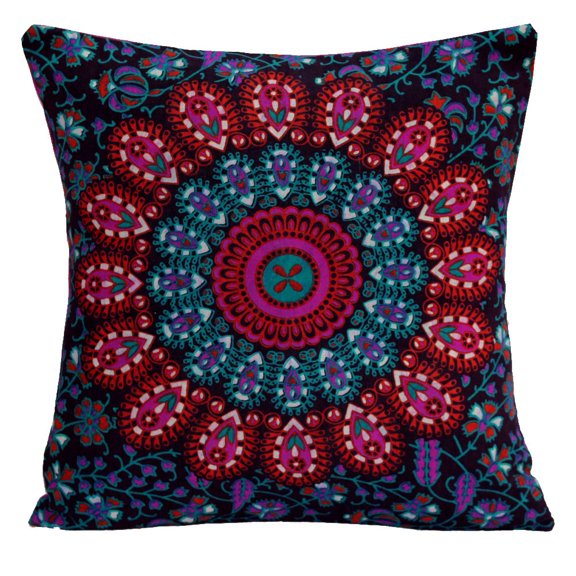 Stylo Culture Indian Couch Throw Pillow Cover 16x16 Peacock Eye Printed Purple Green Traditional 40cm x 40cm Home Decor Cotton Mandala Square Cushion Cover | 1 Pc