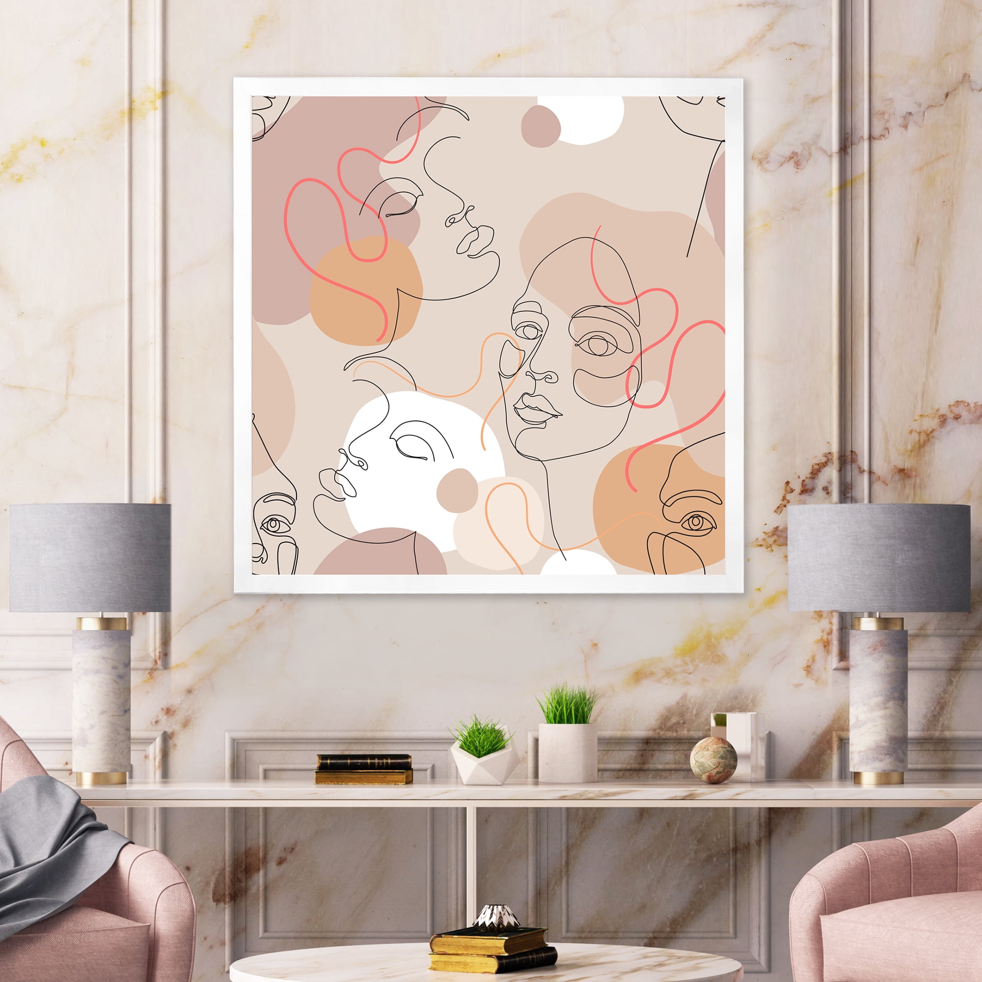 Designart 'Abstract Woman Portraits With One Line ' Modern Framed Art Print