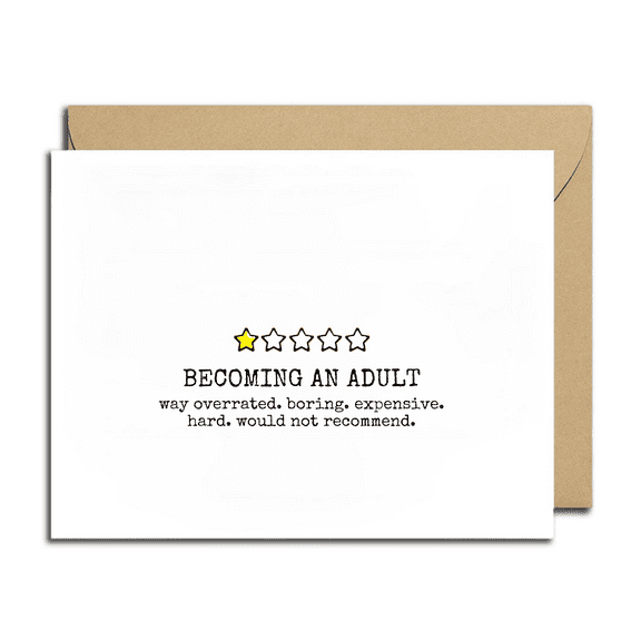 Funny Greeting Card for Adults – "Becoming an Adult" with Humorous Review – Blank Inside, Envelope Included – Perfect for Birthdays or Any Occasion