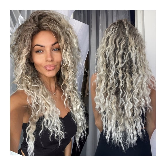 26inches Ash Blonde Wig Synthetic Long Curly Hair Wigs for Women Fluffy Ombre Hairstyle Wave Wig Costume Carnival Party Regular Curly Wig