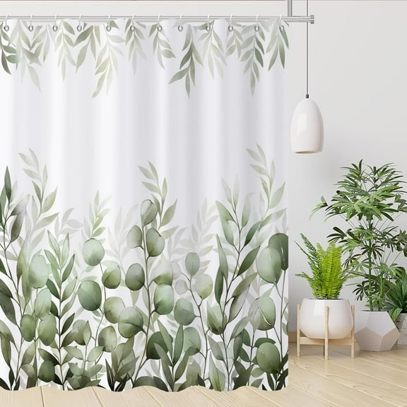 Olive Green Leaf Shower Curtain, Spring Olive Green Watercolor Eucalyptus Leaves Botanical Plants Bathroom Curtain Waterproof Fabric Machine Washable with Hooks, 72" Wx72 L