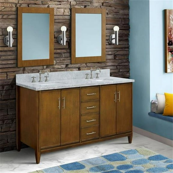 Bellaterra Home  61 in. Double Rectangle Sink Vanity with Carrara Marble Top, Walnut & White