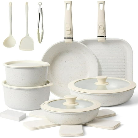 20-piece non-stick cookware set, ceramic material, detachable handles, non-toxic, stackable, dishwasher, oven and induction cooker safe.