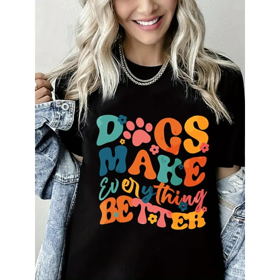 Dogs Make Everything Better Letter Print Short Sleeve Shirts for Women Black One-Piece