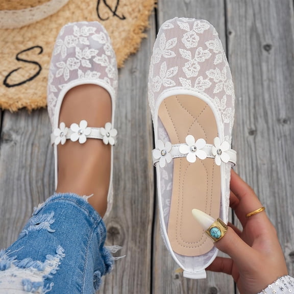 DIVVce Flats For Women Square Toe Lace Mesh Slip On With Floral Accent Strap Footwear For Casual And Dressy Occasions