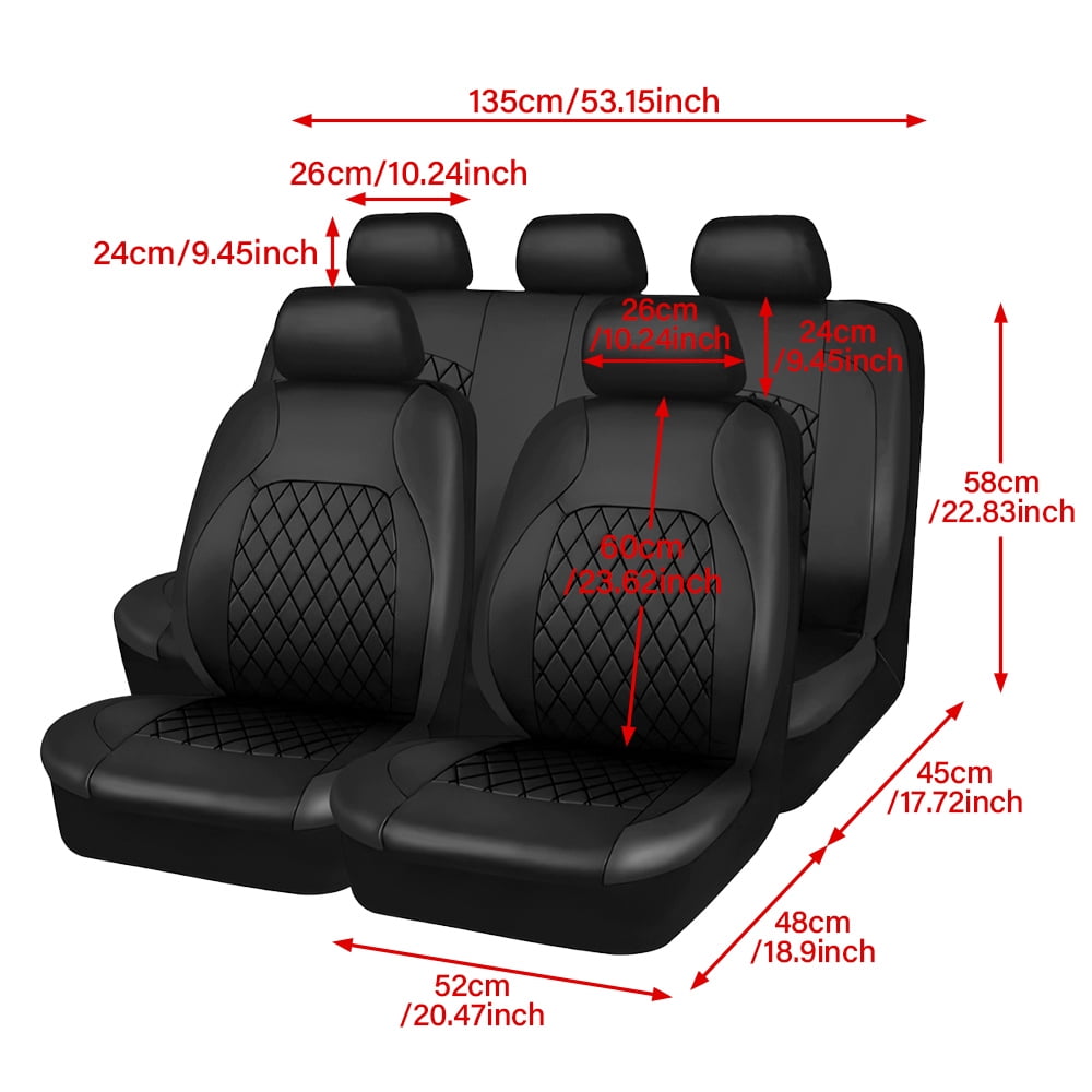 XiongXiong 9 Pcs PVC Leather Car Seat Covers Full Set, Front & Rear Bench Waterproof Seat Cover Fit for SUV,Sedan,Van, Airbag Compatible, Black