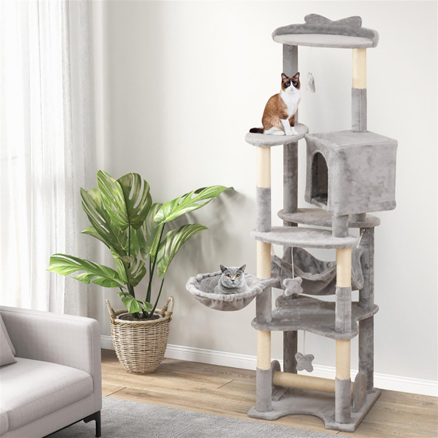 Kadyn 69" Modern Cat Tree with Toy, Cat Tower Condo for Indoor Cats with Cozy Condos, Sisal Scratching Posts and Top Perch, Beige