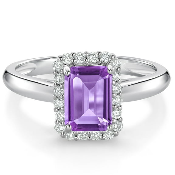 Gem Stone King 1.11 Ct Octagon Purple Amethyst G/H Lab Grown Diamond 10K White Gold Halo Engagement Ring (Size 9)