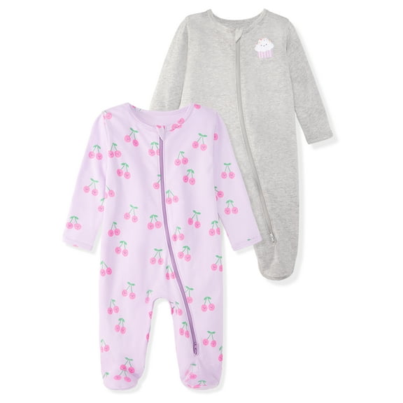 Garanimals Baby Girl Cotton Footed Sleep & Play Pajamas, Graphic Prints, 2-Pack, Newborn–9M