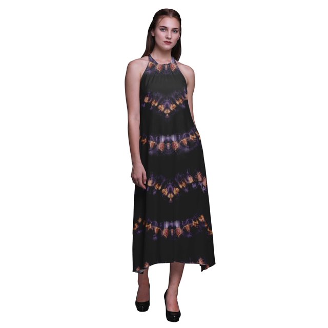 Bimba Robe Décontractée Teinture sur Nœuds Longue Dos Nu à Col Halter pour Femmes Imprimée Robe de Plage-TG