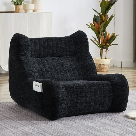 Giant Bean Bag Chairs for Adults, Chenille Lazy Floor Sofa with 21-inch High Backrests and Side Pocket, Cozy Accent Lounge Chair for Living Room, Black