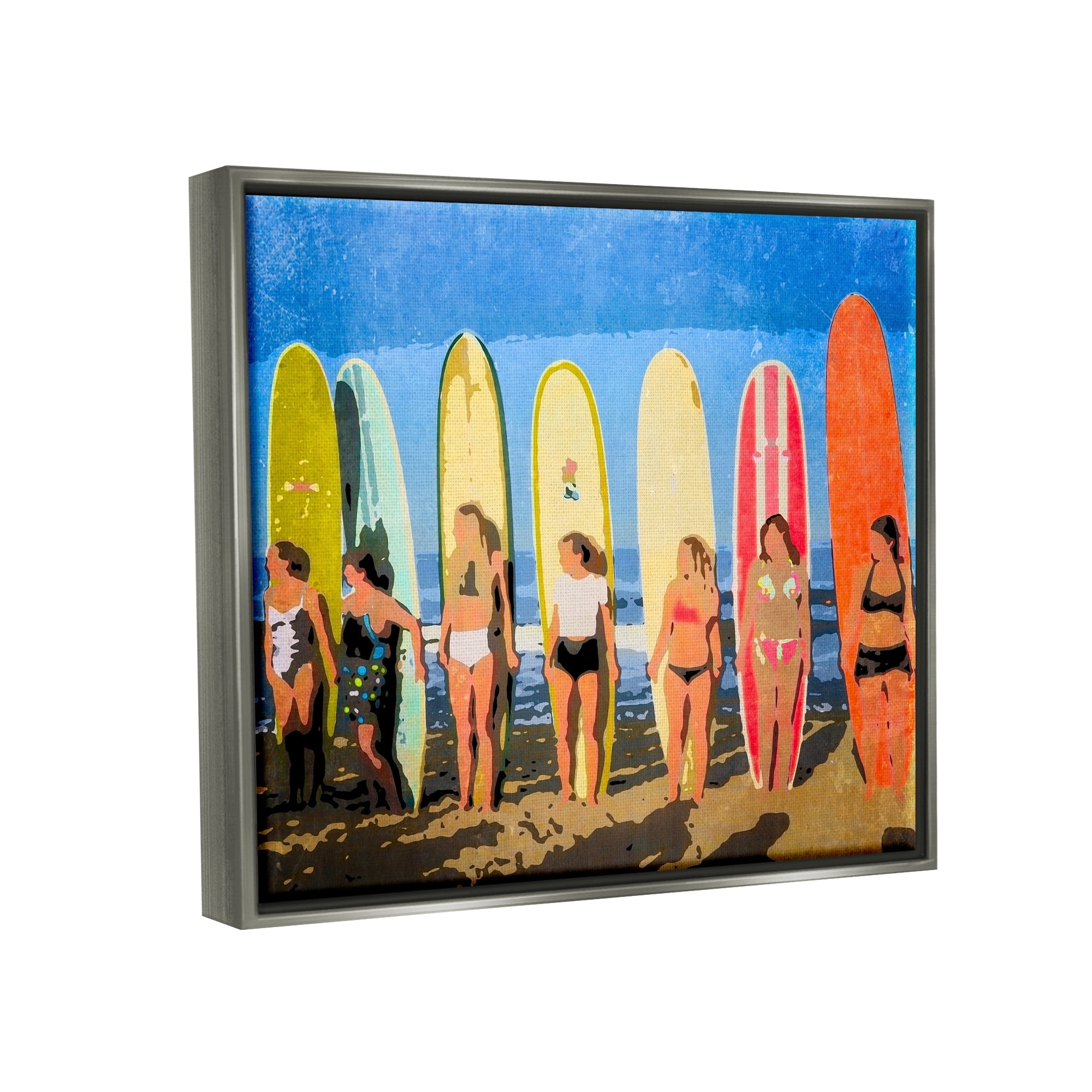 Stupell Industries Modern Pop Style Women Surfing Ocean Sports Graphic Art Luster Gray Floating Framed Canvas Print Wall Art, Design by Graffitee Studios