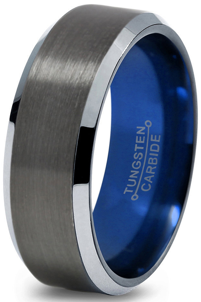 Tungsten Wedding Band Ring 8mm For Men Women Blue Black Gunmetal Tungsten Wedding Band Ring 8mm For Men Women Blue Black Gunmetal Beveled Edge Brushed Polished Lifetime Guarantee