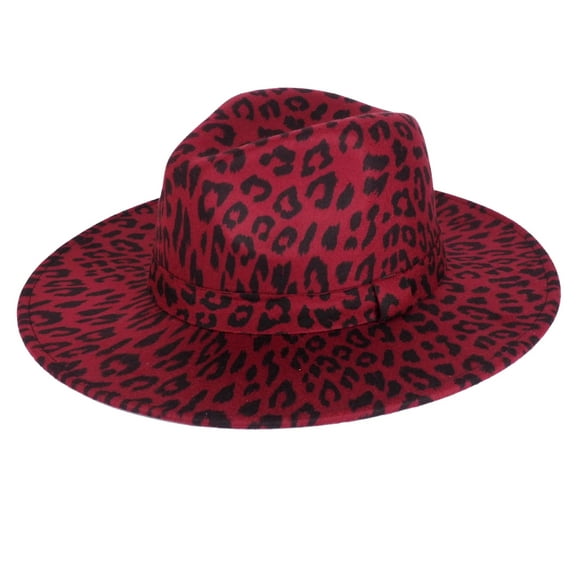 Burgundy Leopard Fedora Panama Upturn Wide Brim Cotton Blend Felt Hat