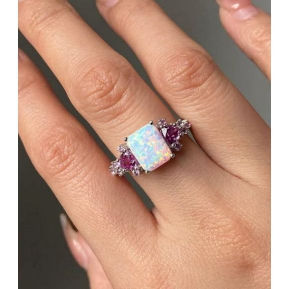 Opal & Pink Tourmaline Vintage Style Ring Sterling Silver Engagement Ring Gemstone ring Unique Women Bridal Promise Ring Gift.