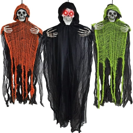 YEOLEH 3 Pack Halloween Hanging Grim Reaper  Halloween Spooky Hanging Ghost Props with Red Glowing Eyes for Halloween Outdoor  Patio  Party Haunted House Decor