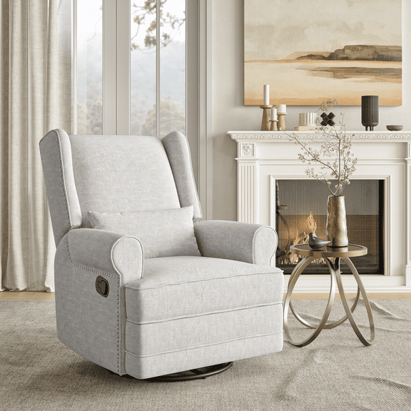 Swivel Recliner Chair, Upholstered Glider Rocking Chair with Footrest & Lumbar Pillow, 360 °   Rotation Reclining Lounge Chair for Bedroom Living Room Nursery, Light Gray