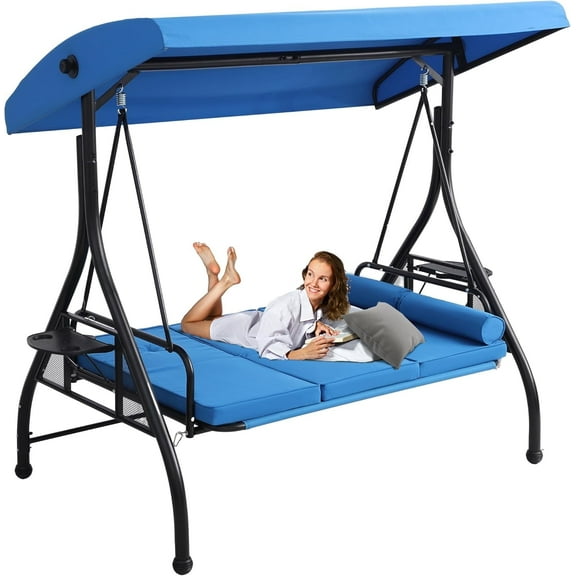 Magic Union Outdoor Porch Swing with Canopy, 3 Person Patio Porch Swing Chairs with Stand, Porch Bed Swing with Removable Cushion for Patio, Garden, Poolside,Beige