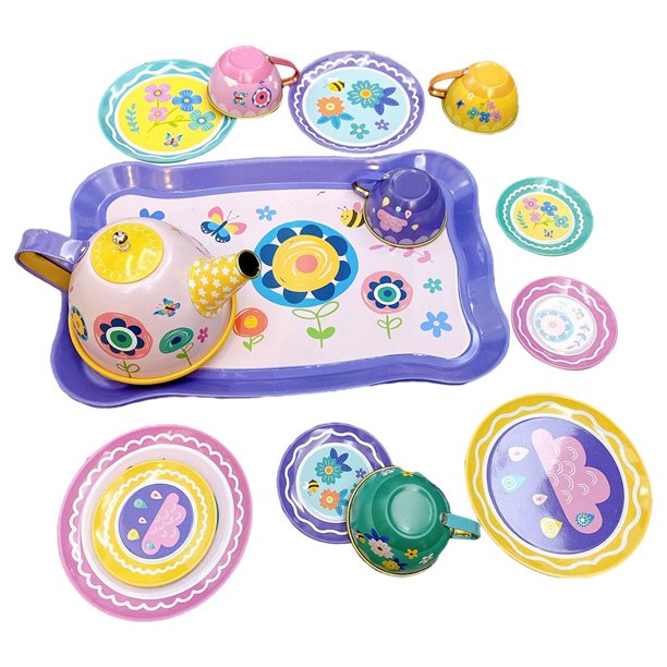 Jugar juguetes de casa Juguetes De Hojalata Juego De Té Tea Time Juego Juego Para Niños Regalo Cocina Pretend Play 14pcs Conjunto Floral Magideal Jugar juguetes de casa