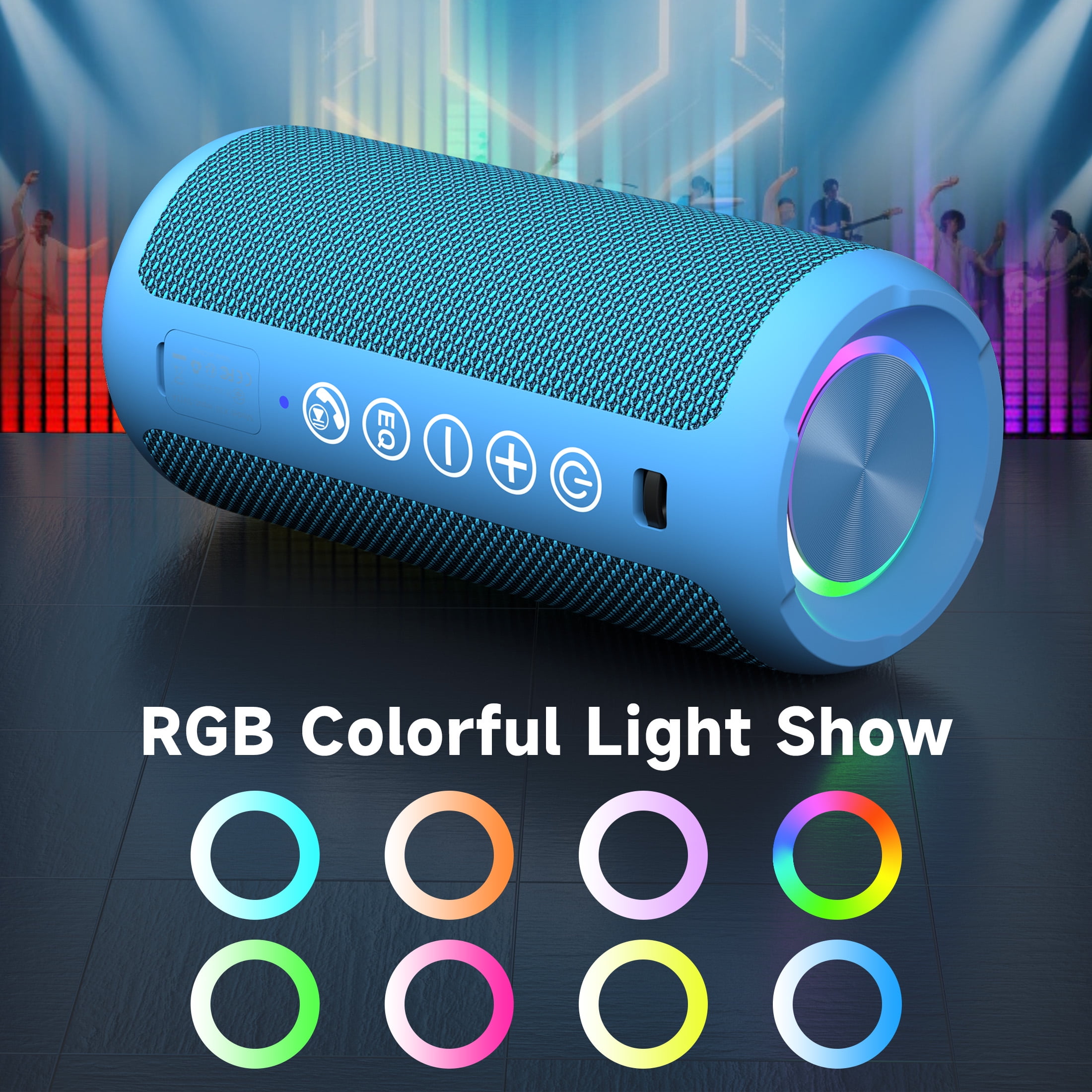 Solorage Portable Bluetooth Speaker IPX7 Waterproof, 24W Loud Sound, Deep Bass, Bluetooth 5.3, 30H Playtime, Wireless Stereo Pairing, LED Lights, for Home/Beach/Party/Outdoors-Blue