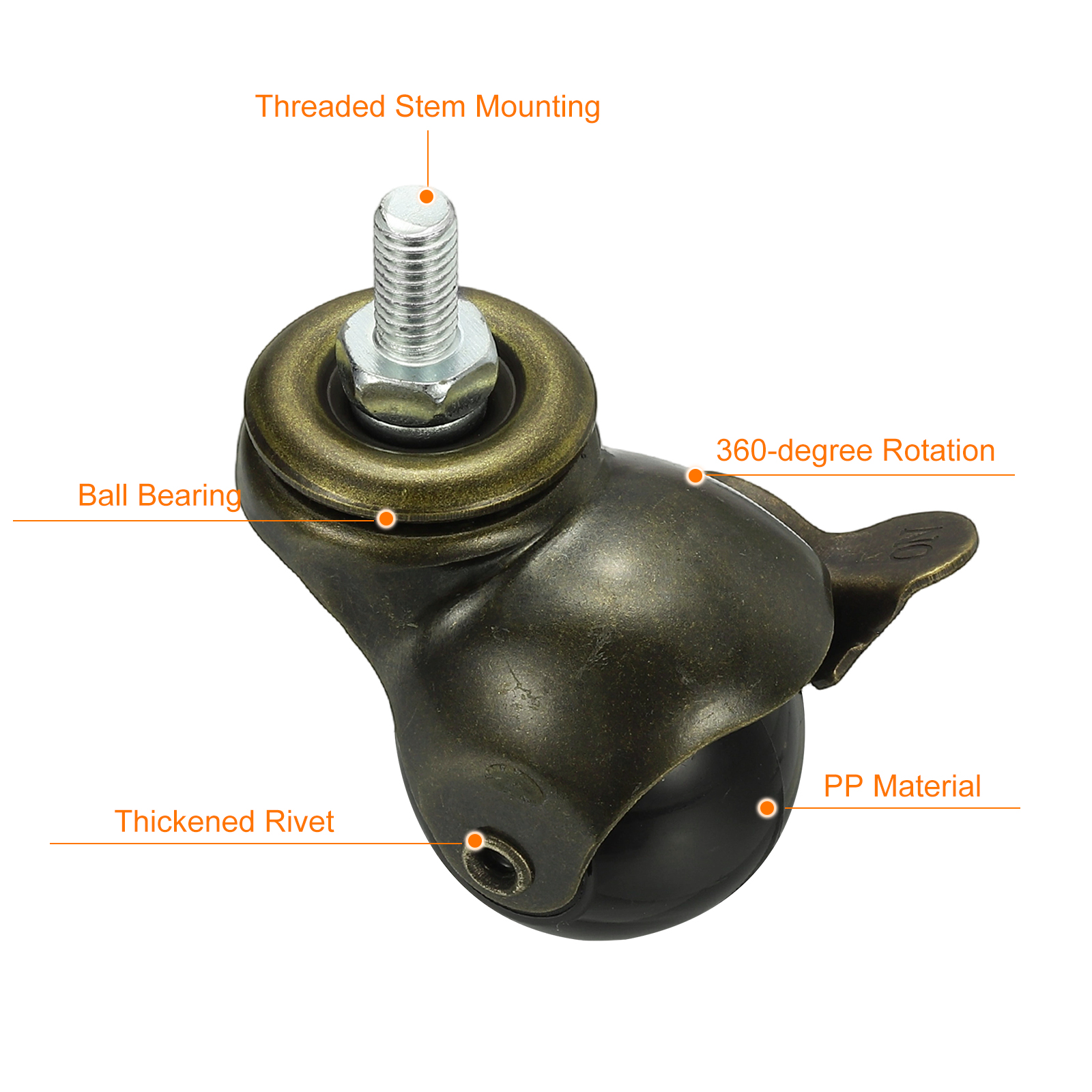 Uxcell 1.5" Ball Caster Wheels, 4 Pcs Threaded Stem Caster 360 Degree Rotatable Caster Wheels Brake for Furniture,bronze