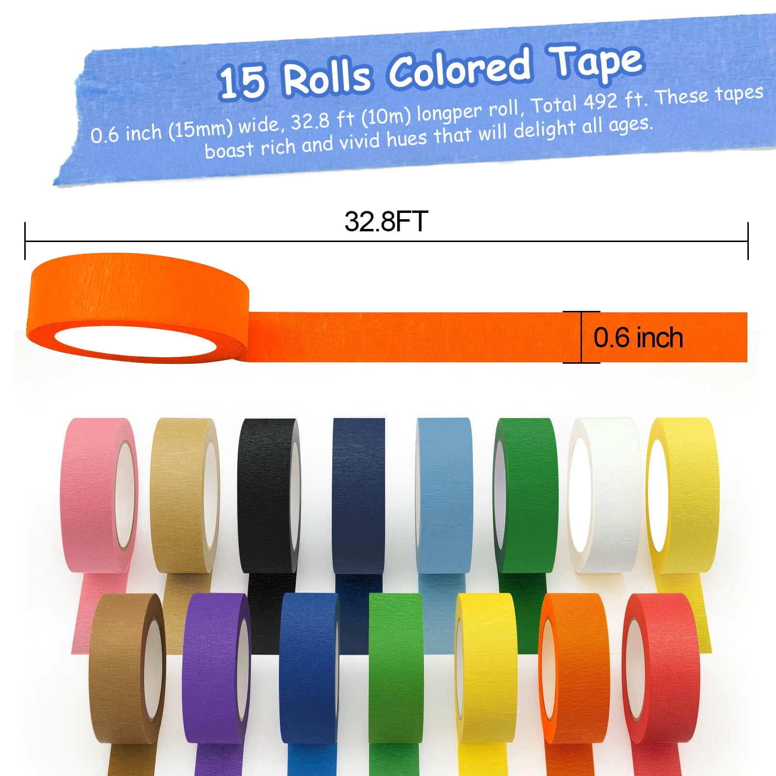 Piokio Colored Washi Tape 15 Roll Multi pack - 10 Yard x 15mm Wide Set Rainbow Solid Color Tape for Egg Decorating, DIY School Supplies