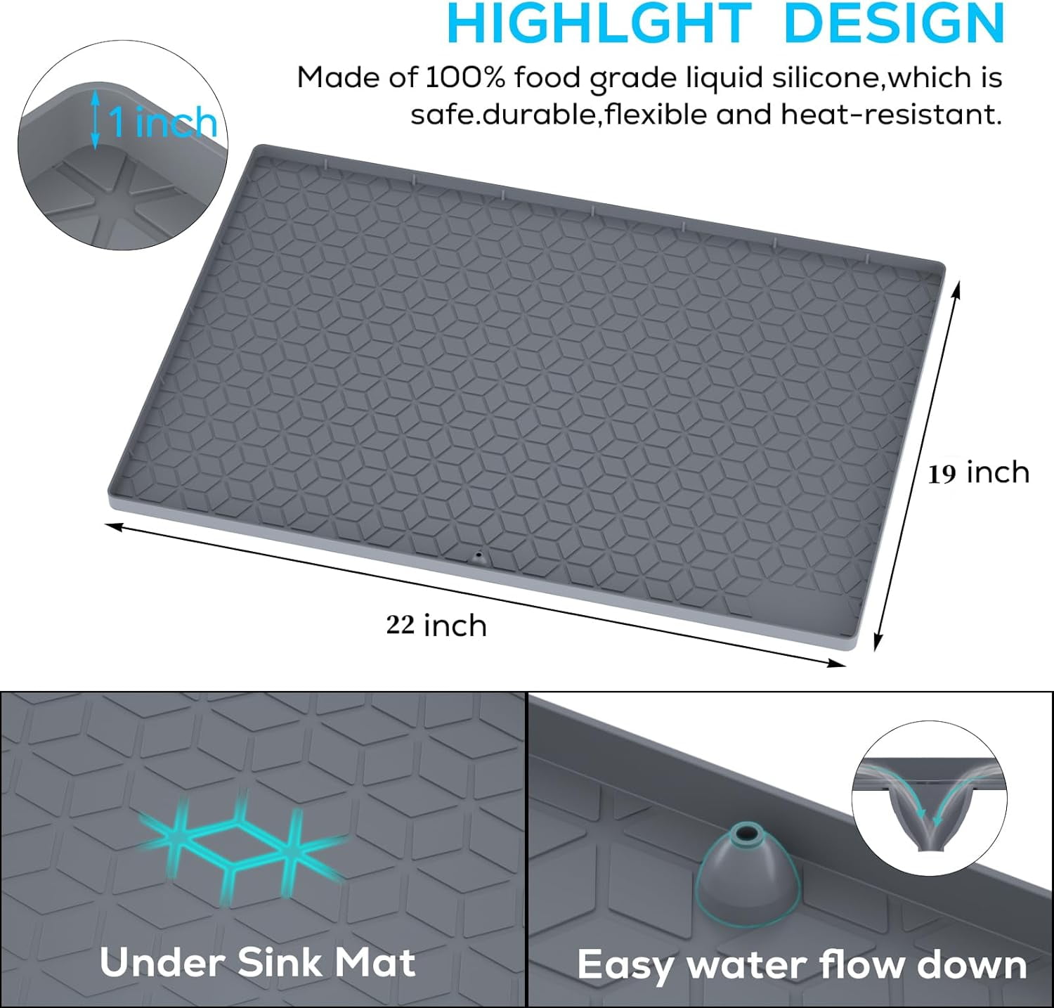 CozyNestFinds Under Sink Mat, 19"x22" Under Sink Mats for Kitchen, Silicone Waterproof Under Sink Liner, Sink Cabinet Organizer Tray with Drain Hole (Gray, 19X22)