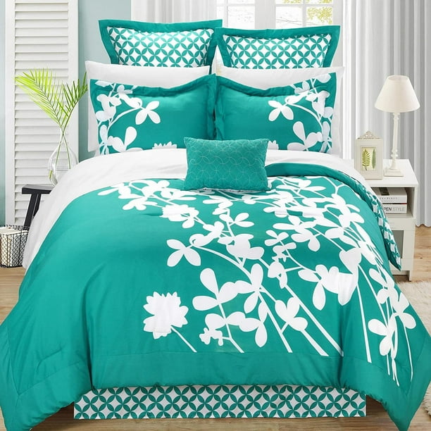 Iris Turquoise & White Queen 7 Piece Comforter Bed In A Bag Set
