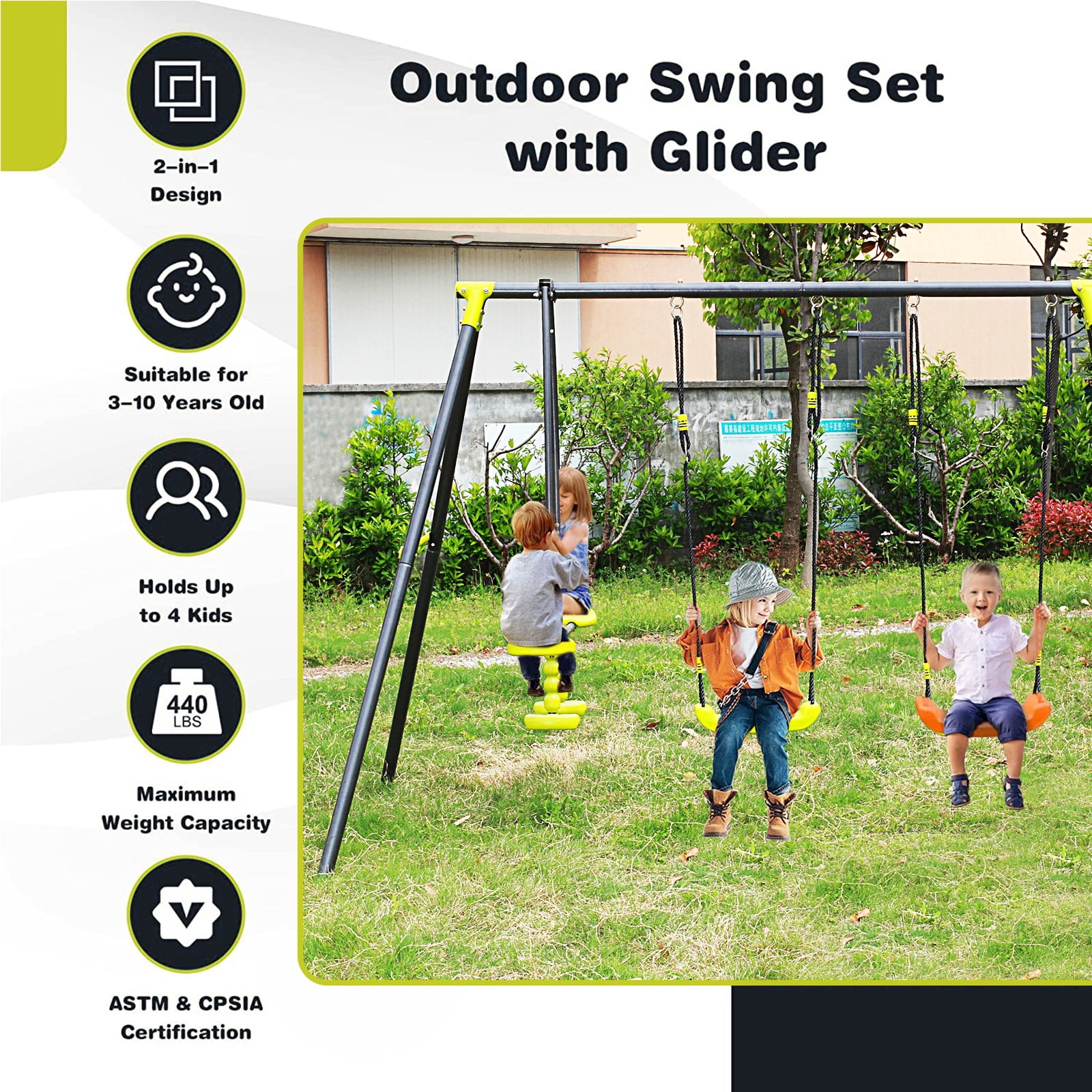iRerts Outdoor Swing Sets for Kids, 3 in 1 Metal Swing Set with 2 Single Swings and 1 Swing Glider, Kids Playground Set for Backyard Garden Park, Kids Backyard Swing Set for Boys Girls