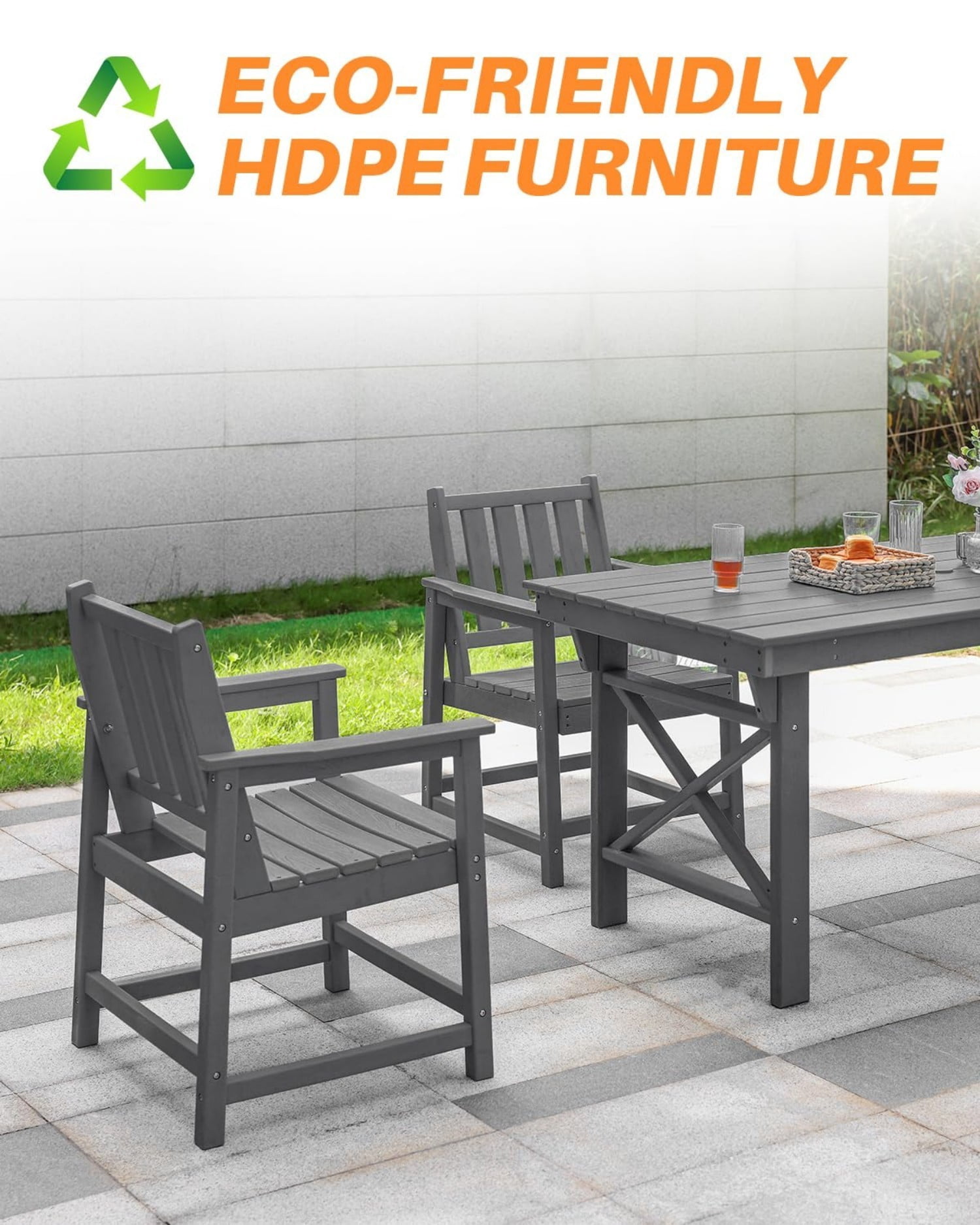 Patio Dining Chair Set of 2, HDPE Outdoor Dining Chairs with Ergonomic Backrest, All Weather Patio Chairs for Backyard, Deck, Garden, Poolside, Smoke Gray