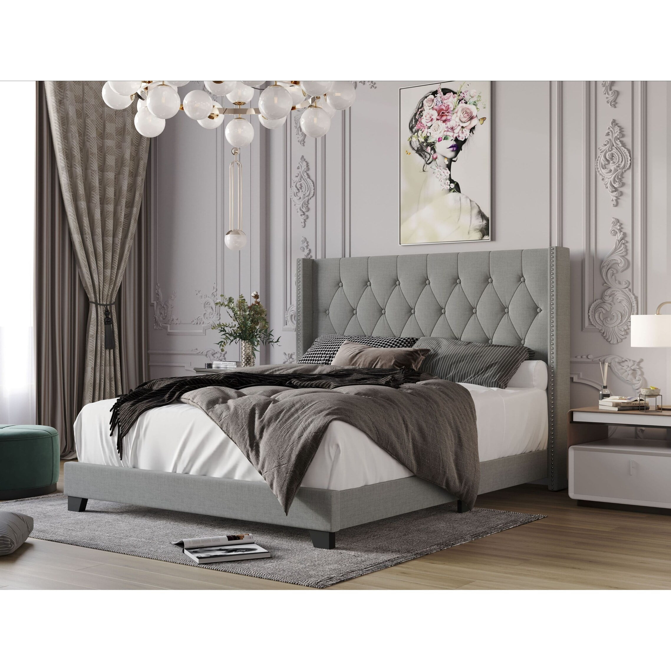 Home Design Brady King Tufted Wingback Upholstered Panel Bed Frame, Black Velvet