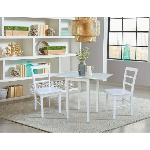 Small Wood Dual Drop Leaf Dining Table with 2 Madrid Ladderback Chairs in White