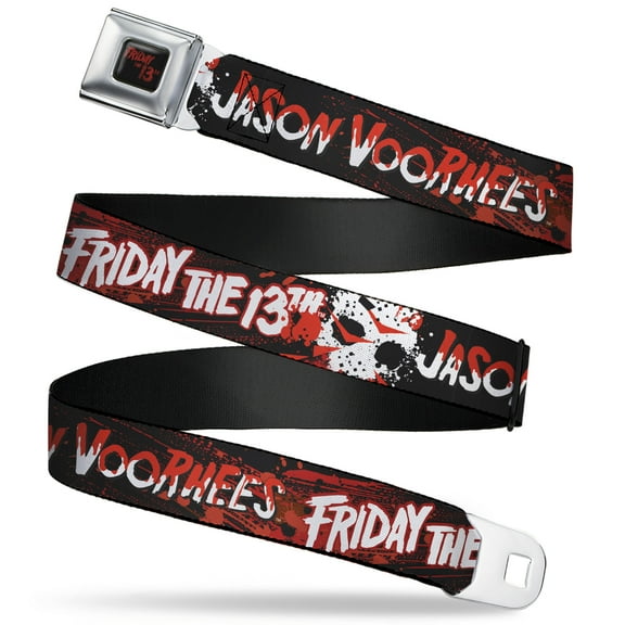 Friday the 13th Belt, Seatbelt Buckle Belt, Friday the 13th Jason Voorhies Mask Text Black Red White, 30 to 44 Inches