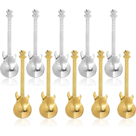 TIE-DailyNec 10 Pcs Guitar Shape Stainless Steel Dessert Spoons, Creative Cute Cutlery for Coffee Tea Espresso Ice Cream(Gold Silver)