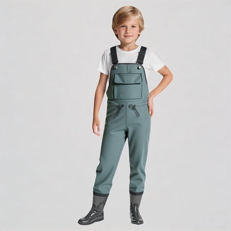 Daznico Kids Toddler Waterproof Bib Overalls Waders with Boots Soft Neoprene Adjustable Straps Functional Pocket for Outdoor Play Beach Pool Hiking All Seasons 9.5-10 Years