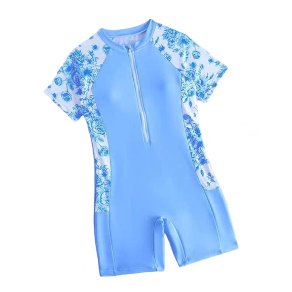 ZXLBBD Swimsuit for Girls One Piece Bathing Suit Short Sleeve Zipper Rash Guard for Youth Pool Stretchy Summer Beachwear