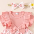 thumbnail image 4 of Faraee Baby Girl Clothes Newborn Ribbed Romper Dress Ruffle Short Sleeve Bodysuit Infant Bowknot Summer Outfit with Headband Pink 6-12 Months, 4 of 5