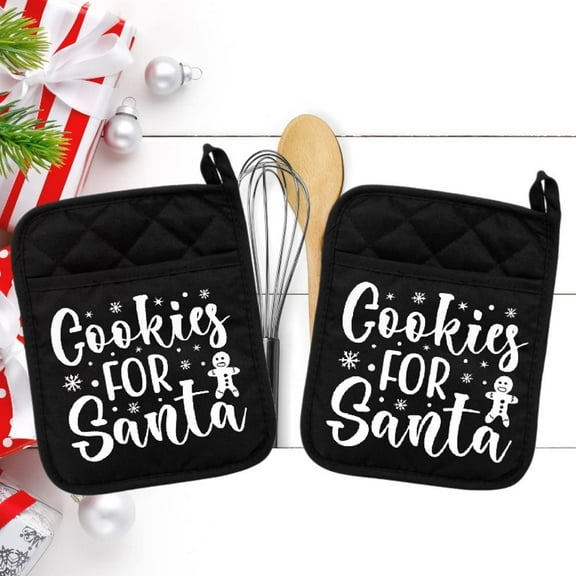 Set of 2 Black - Cookies for Santa - Pot Holder - Oven Mitt - Hot Pad - Polyester & Neoprene White Elephant - 9" x 7" - NEO015BLKDBL