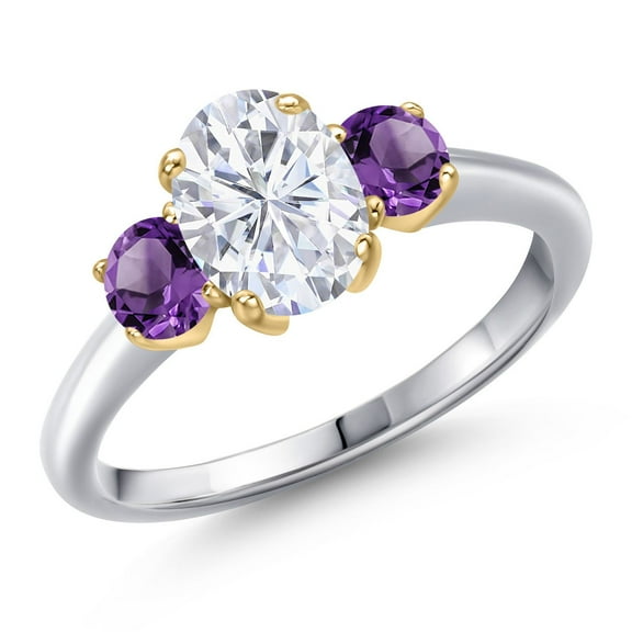 Gem Stone King 10K Two Tone Gold White Moissanite and Purple Amethyst Engagement Ring for Women | 2.00 Cttw | Oval 8X6MM | Gemstone Birthstone | Size 5