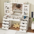 thumbnail image 3 of 55" Large Vanity Desk with Mirror & Lights, Glass Top Vanity Desk with Charging Station & Compartment Storage Drawers, Fluted Makeup Vanity Table with 9 Drawers/6 Shelves/2 Glass Cabinets, White, 3 of 9