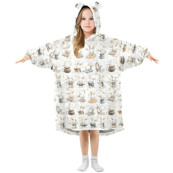 Wearable Blanket Hoodie for Kids Bunny Flannel Hooded Blanket with Pockets and Sleeves Suitable for Boys and Girls