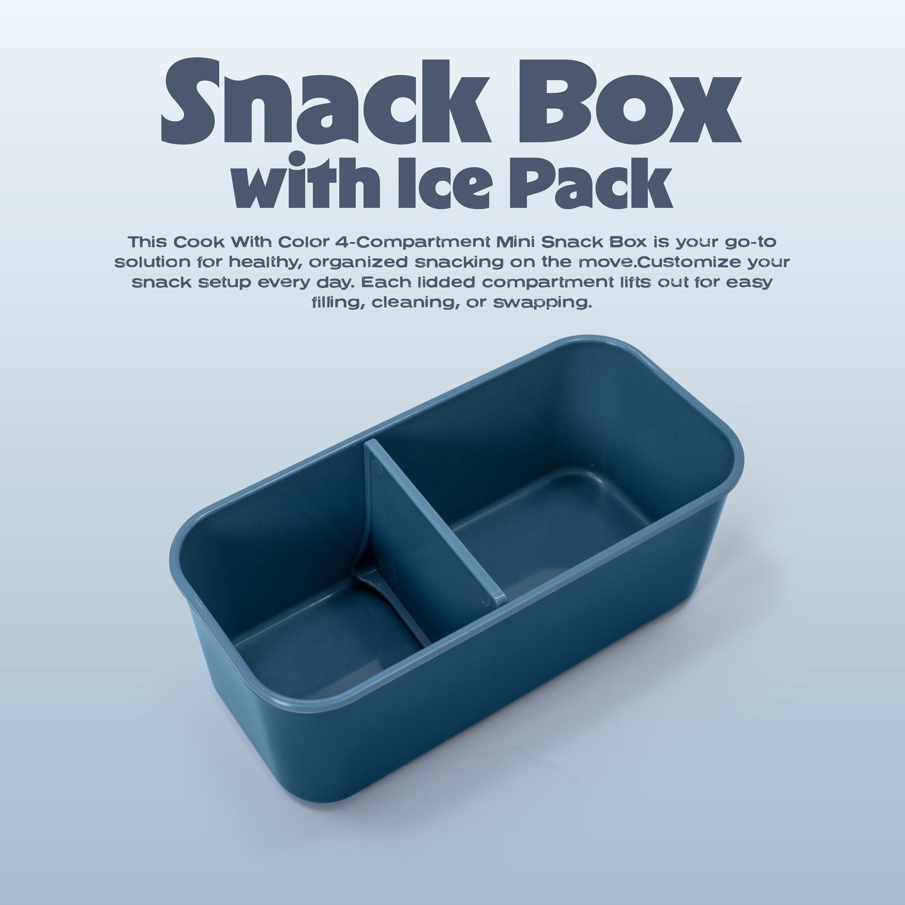 (3 pack) Cook with Color 3-Compartment Snack Box with Removable Ice Pack, Portable Food Storage with Locking Lid and Handle, Blue